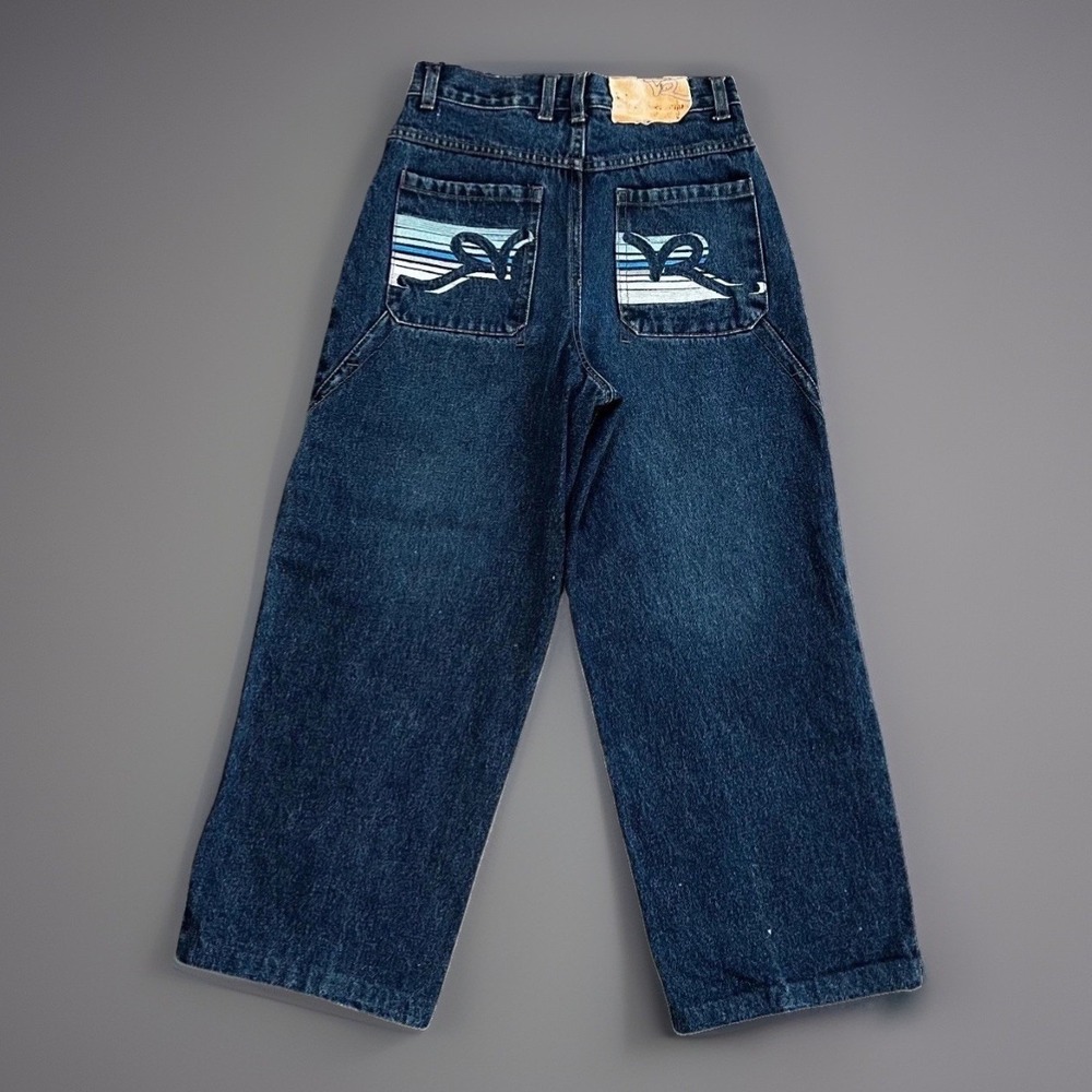 Y2K Roca Wear Boys Blue Denim Jeans Big Embroidery Skater Baggy Oversized Sz 10